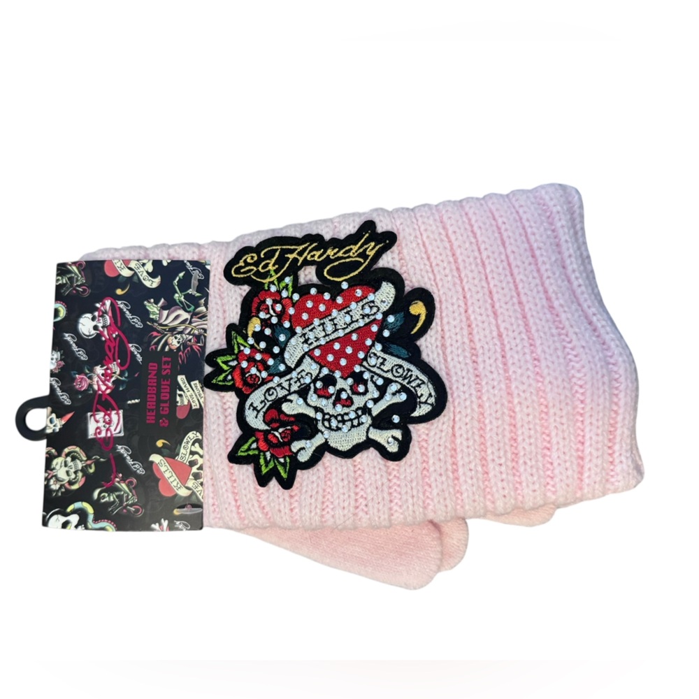 Ed Hardy Light Pink head warmer with skull Design- comes with gloves